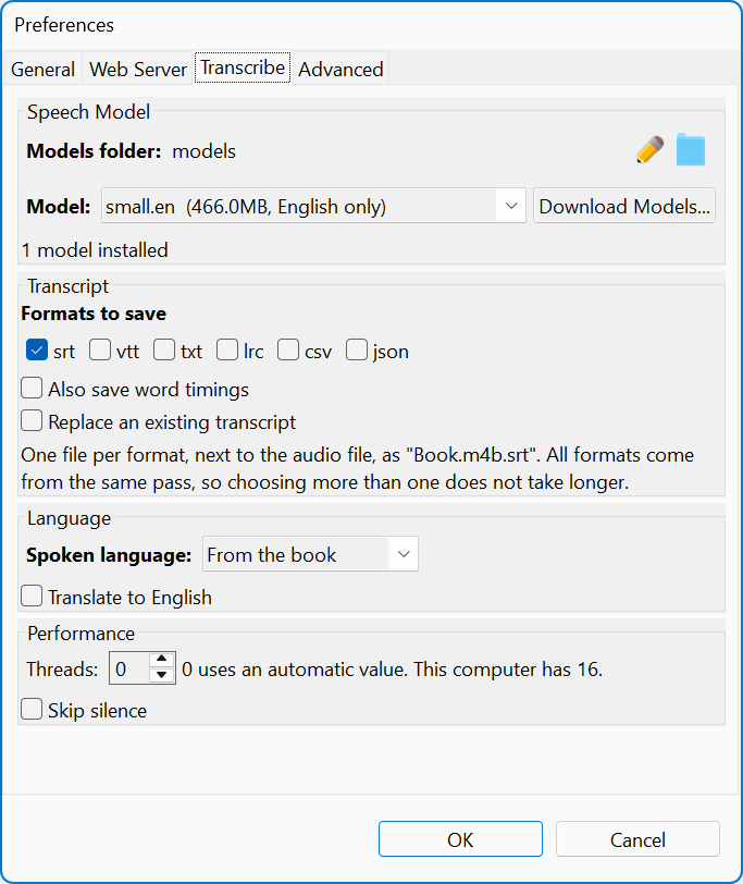 transcribe preferences